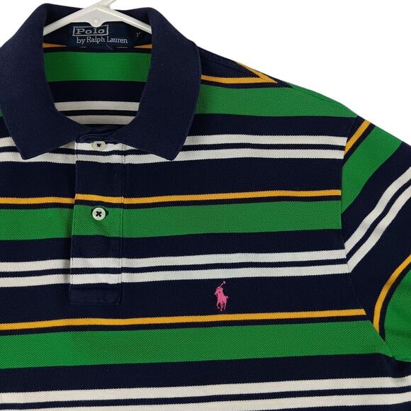 Polo Ralph Lauren Vintage Polo Shirt Men Medium Green/Blue Striped Luxury Preppy - Picture 1 of 11